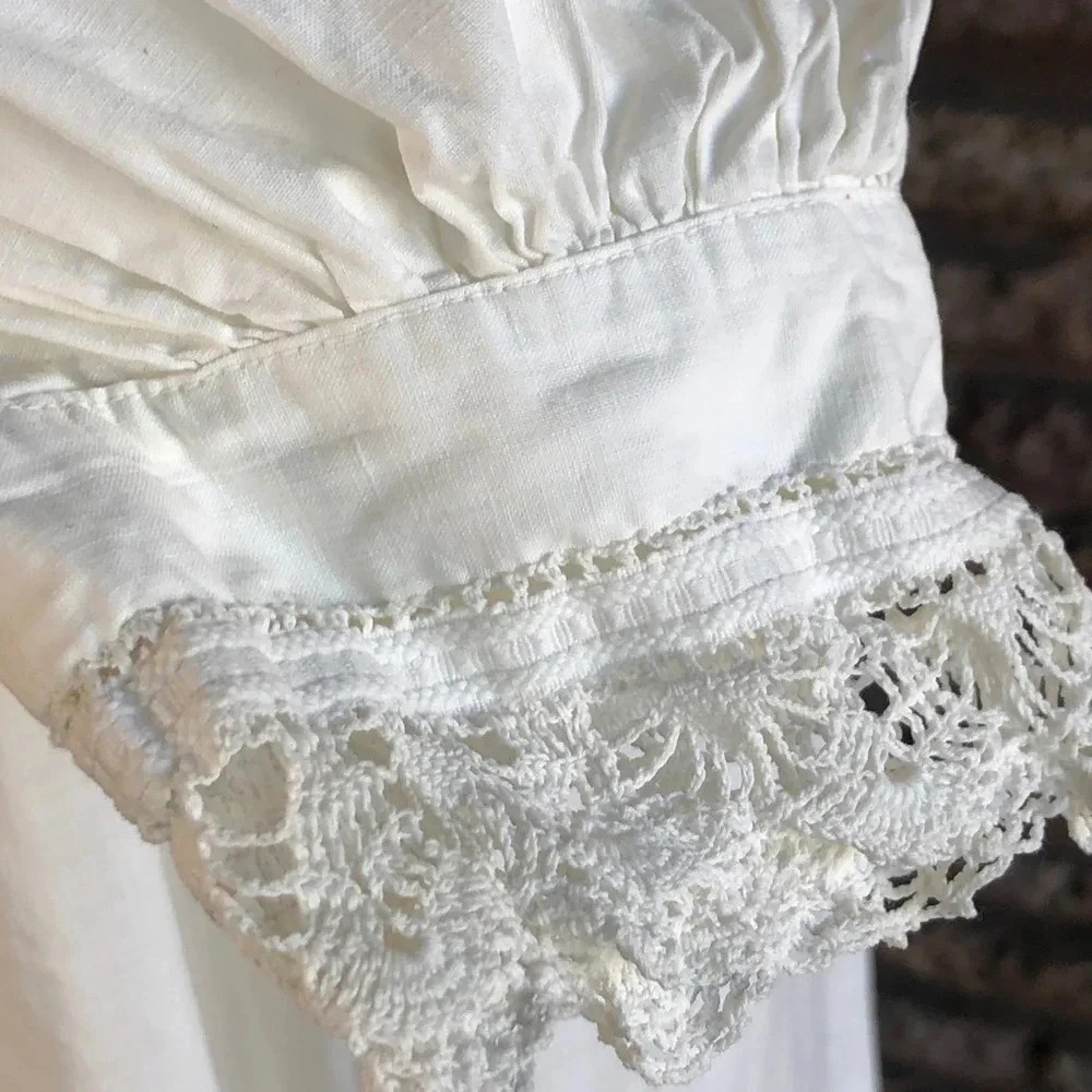 Antique 1900s Victorian Modest 100% Cotton Handmade Lace Collar Cuffs Nightgown - Picture 4 of 9